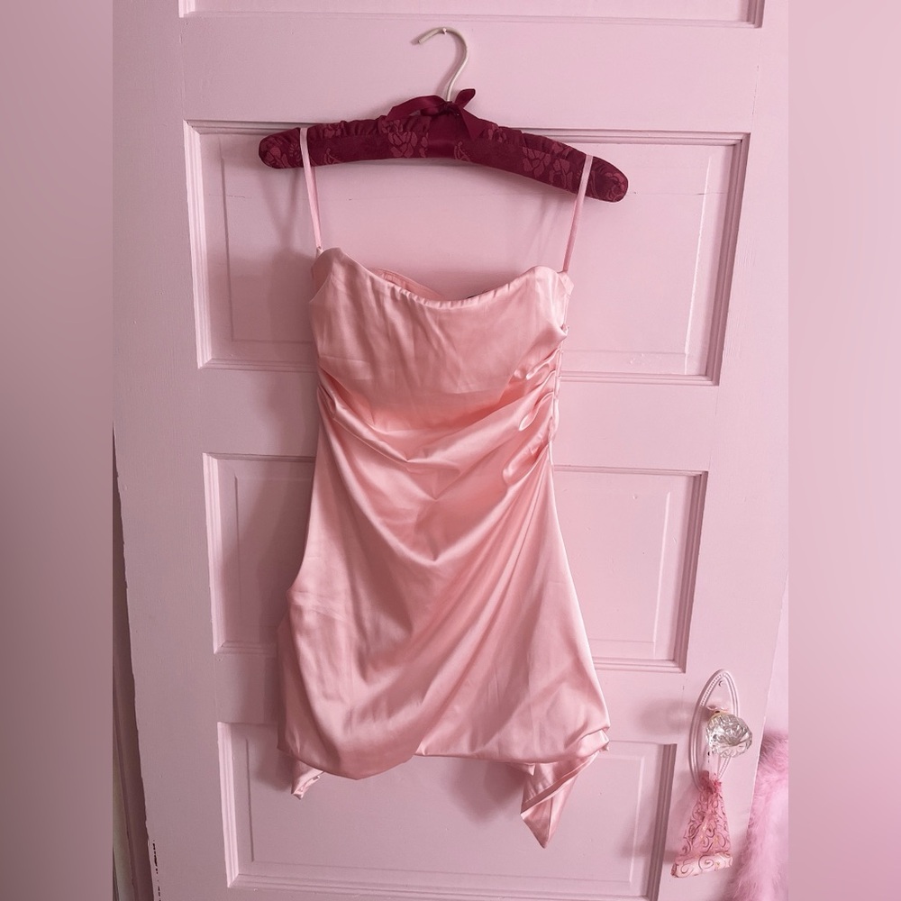 Silky satin light pink strapless corset mini dress